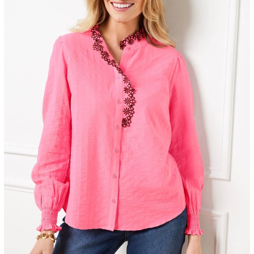 Talbots Pink Embroidered Smocked Cuff Button Front Blouse LP Petite Cottagecore